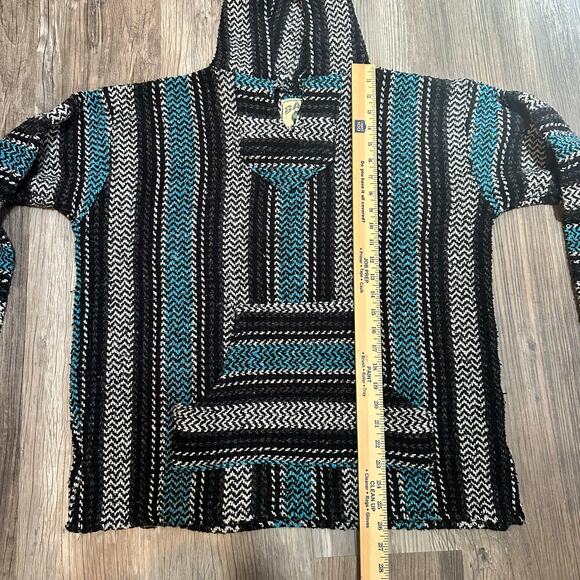 Baja Joe Baja Hoodie Mens Size XL Black Blue Striped Hippie Pullover Rug Poncho - Picture 6 of 8